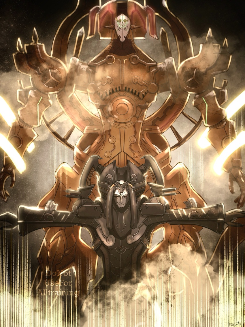 1boy boss_fight closed_mouth colored_skin commentary_request egil_(xenoblade) grey_skin highres humanoid_robot looking_at_viewer male_focus mecha outstretched_arms red_eyes robot solo standing steam toosut0 watermark xenoblade_chronicles_(series) xenoblade_chronicles_1 yaldabaoth_(xenoblade)