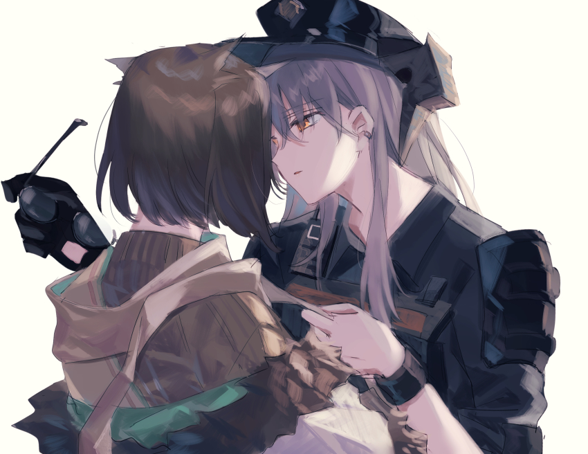 2girls arknights armor bad_id bad_pixiv_id beige_background black_gloves black_headwear black_shirt bracer brown_hair brown_jacket brown_sweater collared_shirt commentary dragon_horns earrings eye_contact eyes_visible_through_hair unworn_eyewear feather_hair gloves hat highres holding holding_removed_eyewear horns jacket jewelry long_hair looking_at_another matsuzaka_(matsuzakagyu_29) multiple_girls off_shoulder official_alternate_costume orange_eyes parted_lips police_hat saria_(arknights) saria_(the_law)_(arknights) shirt short_hair shoulder_armor silence_(arknights) silence_(frosted_breath)_(arknights) silver_hair simple_background single_glove sweater upper_body walkie-talkie yuri