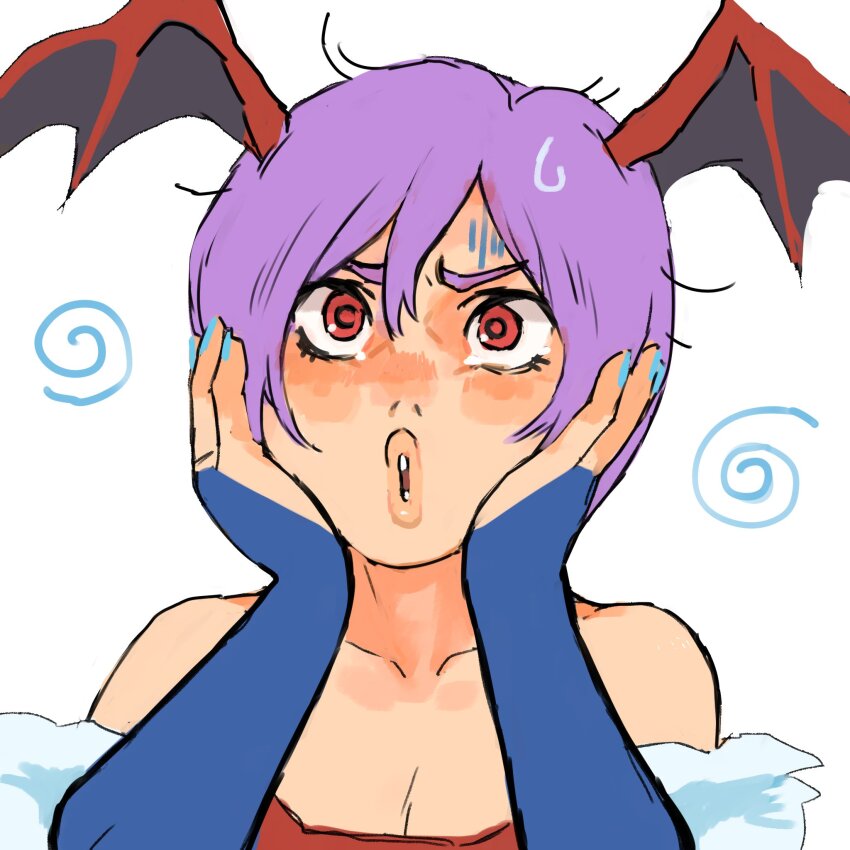 1girl bare_shoulders bat_wings black_wings blue_nails bridal_gauntlets collarbone darkstalkers demon_girl fingernails gan2 gloom_(expression) hair_between_eyes hands_on_own_cheeks hands_on_own_face hands_up head_wings highres lilith_(darkstalkers) lips nail_polish open_mouth purple_hair red_eyes short_hair simple_background solo teeth upper_body white_background wings
