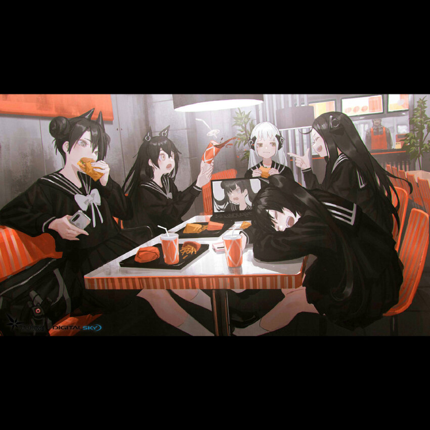 1boy 6+girls agent_(girls&#039;_frontline) architect_(girls&#039;_frontline) berezovich_kryuger_(girls&#039;_frontline) black_hair burger cellphone computer dreamer_(girls&#039;_frontline) food french_fries gager_(girls&#039;_frontline) girls&#039;_frontline judge_(girls&#039;_frontline) multiple_girls ouroboros_(girls&#039;_frontline) phone plant potted_plant reoen restaurant