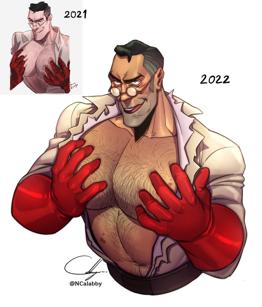 1boy 2021 2022 bara bare_pectorals belt black_hair blood_on_stomach brown_belt cabbage_(ncalabby) chest_hair coat collarbone collared_coat collared_shirt cropped_torso elbow_gloves furrowed_brow glasses gloves grabbing_own_pectoral grey_eyes groping highres huge_pectorals lab_coat large_pectorals male_focus mature_male medic_(tf2) muscular muscular_male navel_hair open_clothes open_coat parted_lips pectoral_focus pectoral_grab pectorals red_gloves red_medic_(tf2) redrawn rubber_gloves shirt short_hair simple_background smile solo stomach_hair team_fortress_2 teeth tongue tongue_out torn_clothes torn_coat torn_shirt upper_body upper_teeth_only white_background white_coat white_shirt
