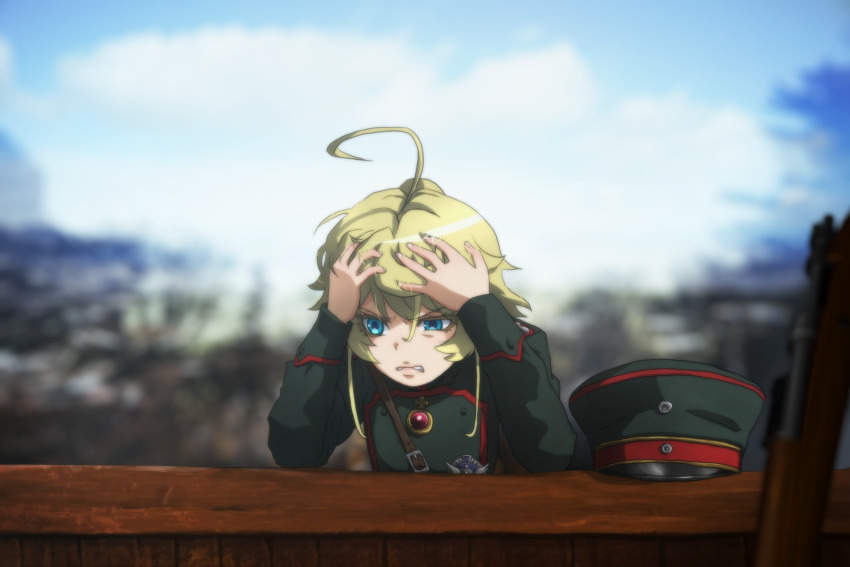 1girl ahoge blonde_hair blue_eyes blurry blurry_background genya_(genya67) gun hands_on_own_head hat highres military military_hat military_uniform soldier solo tanya_degurechaff unworn_headwear weapon worried youjo_senki
