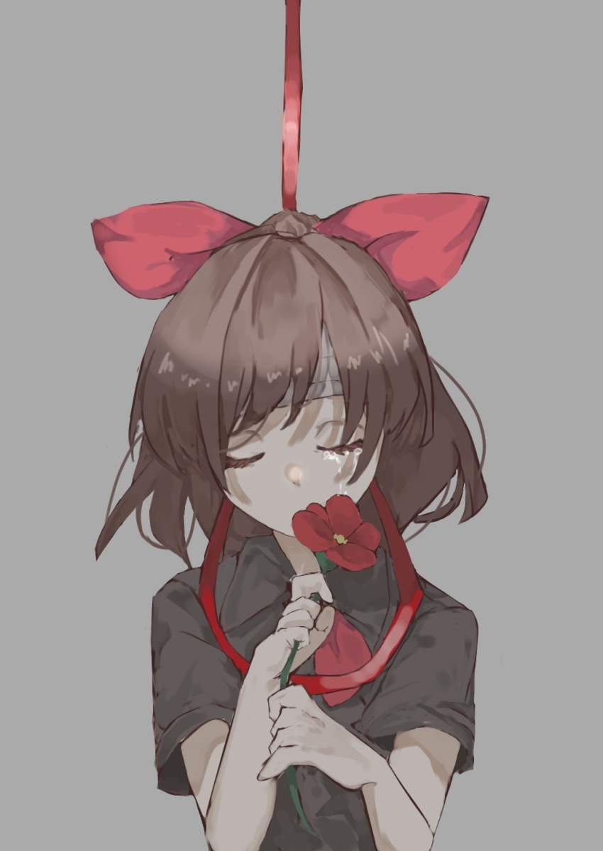 1girl bandages closed_eyes crying flower hair_ribbon highres holding holding_flower noose ponytail red_flower red_ribbon ribbon rose@painter shin_yomawari solo spoilers upper_body yomawari_(series) yui_(yomawari)