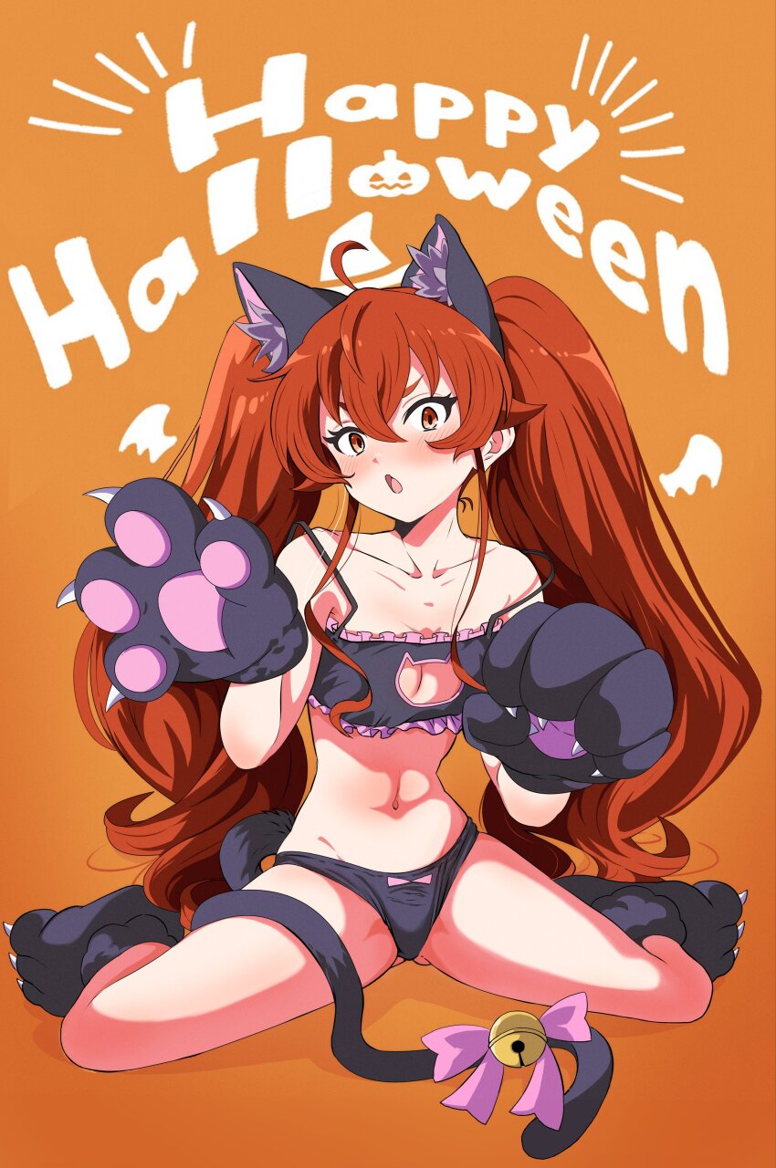 1girl absurdres animal_ears animal_hands black_bra black_panties blush bra breasts cat_ears cat_paws cat_tail cleavage collarbone commentary_request eris_greyrat frilled_bra frilled_panties frills full_body gluteal_fold halloween happy_halloween highres kou_(spad7u59) long_hair looking_at_viewer medium_breasts mushoku_tensei navel open_mouth orange_background panties red_eyes red_hair revision simple_background solo tail thigh_strap twintails underwear
