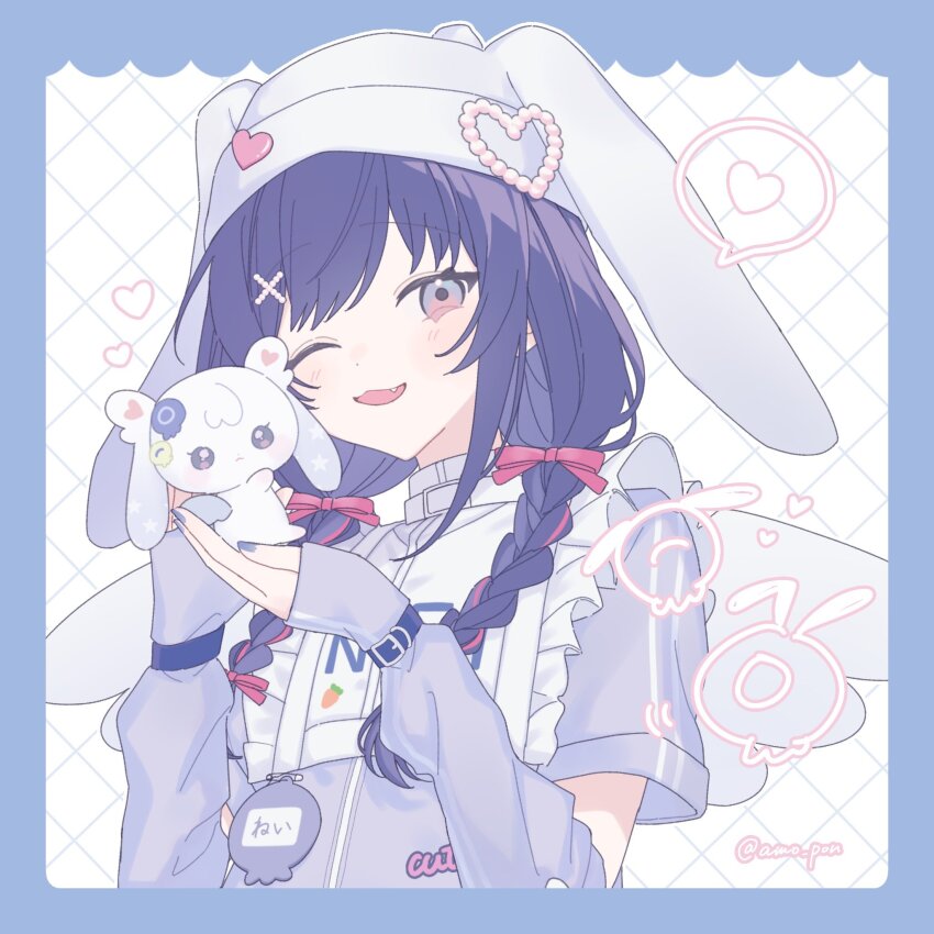 animal_ears_helmet animal_helmet arm_warmers braid hair_ornament hair_ribbon hat heart highres long_hair looking_at_viewer multicolored_hair nameplate nijisanji one_eye_closed pink_hair pink_ribbon ponto_nei purple_hair purple_shirt ribbon shirt smile twin_braids two-tone_hair virtual_youtuber x_hair_ornament