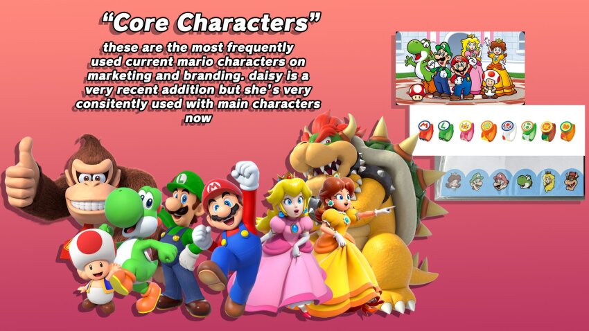 2girls 6+boys blonde_hair blue_eyes bowser breasts brown_hair claws crossed_arms dinosaur donkey_kong donkey_kong_(series) donkey_kong_country earrings flower_earrings grin hand_up hat highres horns jewelry kamek long_hair looking_at_viewer luigi luigi&#039;s_mansion mario mario_(series) multiple_boys multiple_girls nintendo overalls princess_daisy princess_peach princess_peach:_showtime! red_hair smile spiked_shell standing super_mario_bros._1 super_mario_land super_mario_world_2:_yoshi&#039;s_island super_nintendo_world tail toad_(mario) tomboy yoshi