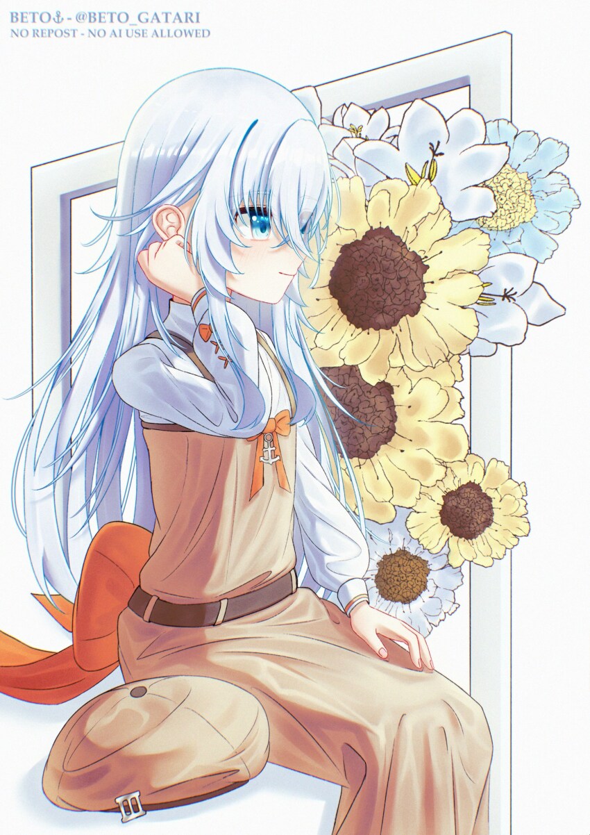1girl alternate_costume beret betonamou blue_eyes brown_dress brown_hat dress feet_out_of_frame flower hat hibiki_(kancolle) highres kantai_collection long_hair solo twitter_username unworn_hat unworn_headwear white_flower white_hair yellow_flower