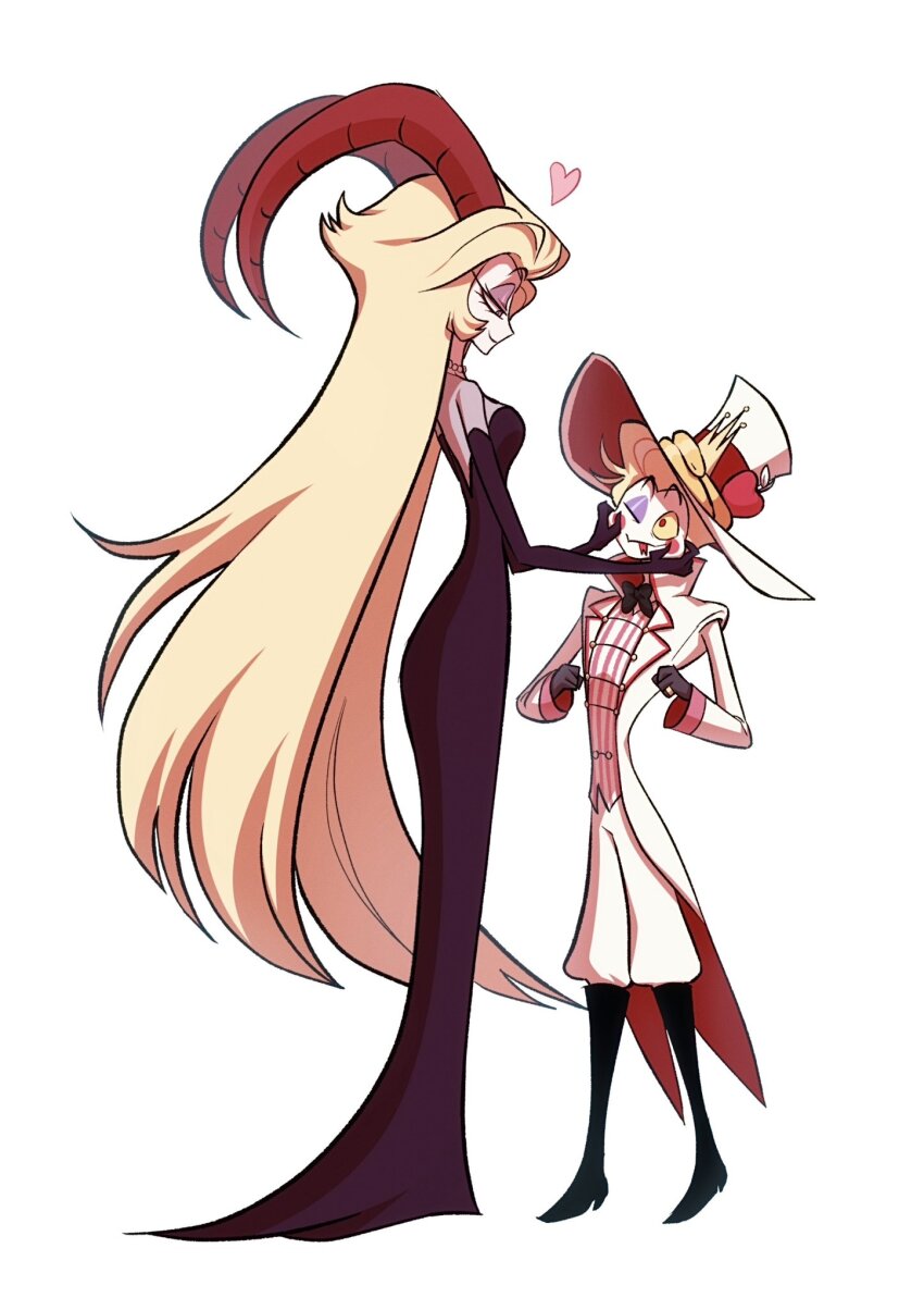 1boy 1girl beas287 breasts couple demon demon_boy demon_girl demon_horns dress hazbin_hotel highres horns husband_and_wife large_breasts lilith_(hazbin_hotel) long_hair lucifer_morningstar_(hazbin_hotel) very_long_hair