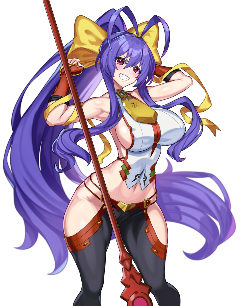 1girl absurdres antenna_hair armpits arms_up backless_outfit bare_shoulders black_pants blazblue blue_hair blush bow breasts collarbone commentary commission cowboy_shot cropped_shirt elbow_gloves fingerless_gloves gloves grin groin hair_between_eyes hair_bow highres hip_vent large_breasts long_hair looking_at_viewer lowleg lowleg_pants mai_natsume midriff navel nez-box outseal pants polearm ponytail purple_eyes red_gloves revealing_clothes shirt sideboob sidelocks simple_background skindentation sleeveless sleeveless_shirt smile solo spear standing teeth very_long_hair weapon white_background white_shirt yellow_bow