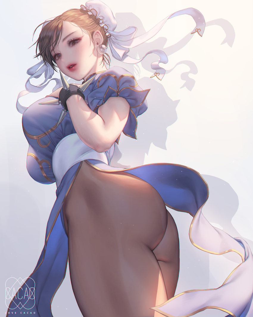 1girl ass breasts brown_hair capcom chun-li double_bun earrings hair_bun highres jewelry large_breasts leotard leotard_peek lips long_hair looking_at_viewer looking_down love_cacao pantyhose parted_lips short_hair solo spiked_gauntlets street_fighter thick_thighs thighs