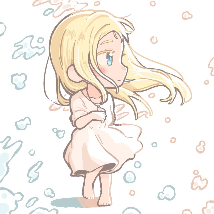 1girl bad_id bad_twitter_id barefoot blonde_hair blue_eyes chibi closed_mouth commentary_request dress full_body henyomen highres inactive_account kofune_ushio long_hair looking_ahead profile smile solo standing summertime_render water water_drop white_background white_dress wind