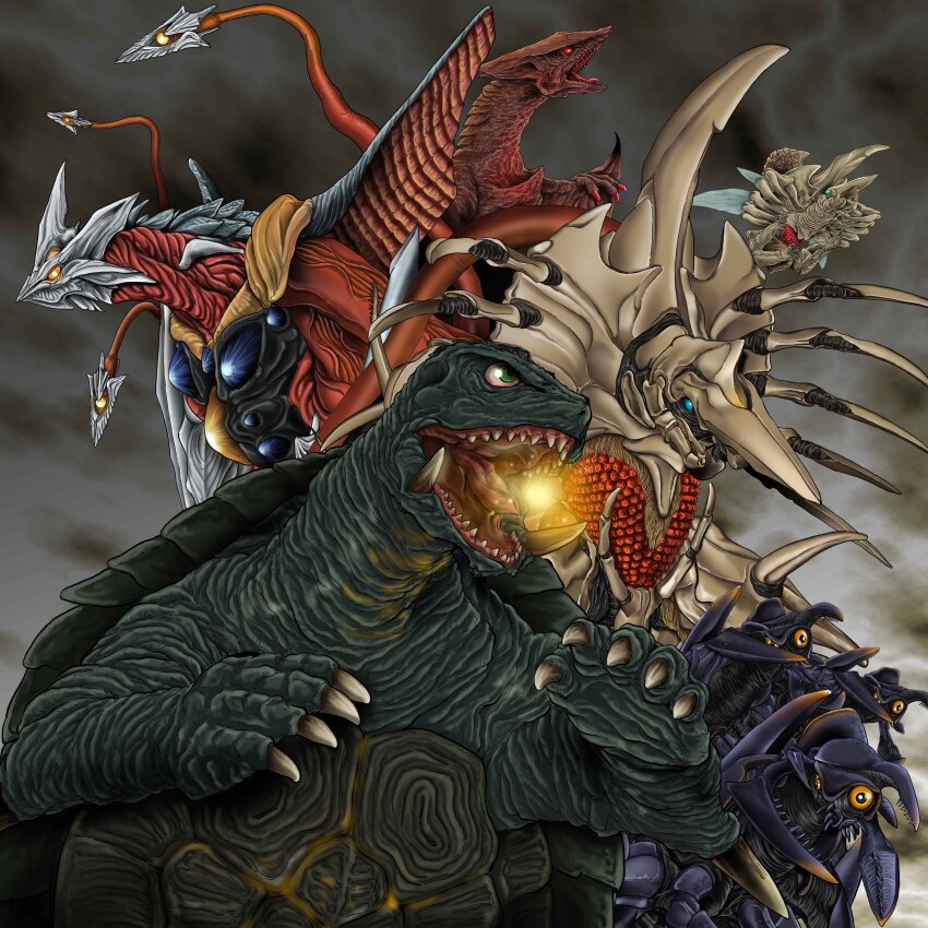 absurdres alien arm_blade blue_eyes breath_weapon bug claws crest daiei_film egg egg_sac elbow_blade elbow_spikes energy energy_ball fire fireball flying gamera gamera:_guardian_of_the_universe gamera_(series) gamera_2:_attack_of_legion gamera_3:_revenge_of_iris glowing glowing_mouth glowing_throat glowing_veins green_eyes grey_background gyaos highres horns iris_(gamera) kaiju legion monster no_humans open_mouth orange_eyes plasma plasma_fireball red_eyes roaring satoru33 sea_monster simple_background soldier_legion space_monster super_gyaos teeth tentacles tongue turtle tusks veins weapon wings yellow_eyes