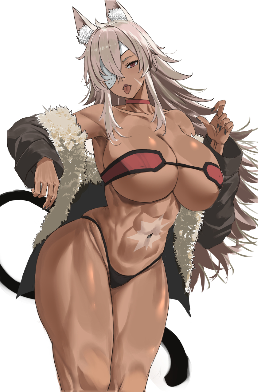 1girl abs absurdres ahoge animal_ears bandeau bare_shoulders black_jacket black_panties breasts brown_eyes choker cleavage collarbone dark-skinned_female dark_skin eyepatch facial_scar feet_out_of_frame flipped_hair fur-trimmed_jacket fur_trim ghislaine_dedoldia grey_hair highleg highleg_panties highres huge_breasts jacket long_hair long_sleeves looking_at_viewer muscular muscular_female mushoku_tensei nuo_(fttv3255) off_shoulder one_eye_covered open_clothes open_jacket open_mouth panties red_bandeau red_choker red_eyes scar scar_on_cheek scar_on_face scar_on_stomach sideboob simple_background solo standing tail thick_thighs thighs tongue tongue_out underboob underwear v-neck white_background