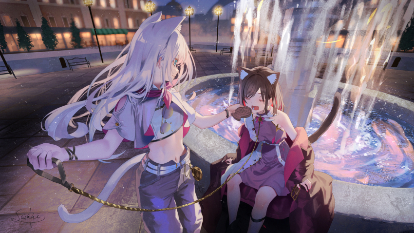 2girls animal_ears bare_shoulders belt bench blue_eyes brown_hair cat_ears cat_girl cat_tail chain chain_leash closed_eyes fang feeding food fountain highres holding holding_leash jacket lamppost leash midriff multiple_girls navel open_mouth original red_nails saraki sitting skin_fang smile standing sunglasses tail taiyaki tree wagashi white_belt white_hair yuri