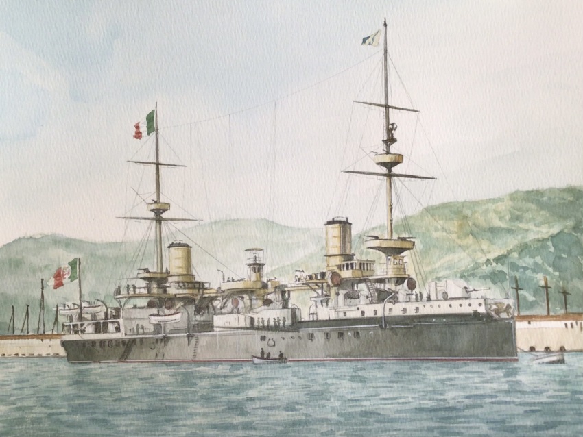 atelier_bono cannon enrico_dandolo_(ironclad) highres ironclad mast military_vehicle mountain ocean original painting_(medium) port regia_marina ship ship_turret smokestack traditional_media vehicle_focus warship watercolor_(medium) watercraft