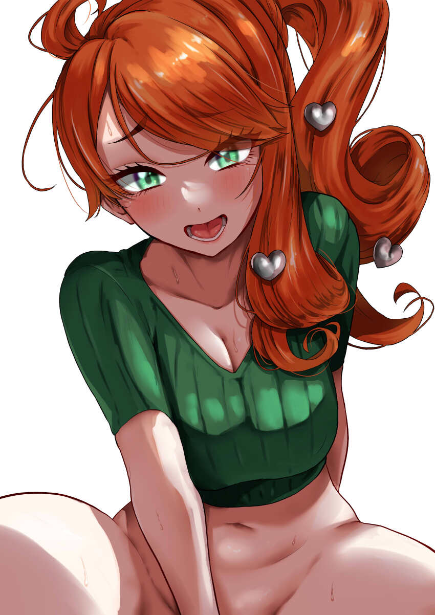 1girl absurdres ahoge arm_between_legs blush bottomless breasts cleavage collarbone commentary_request eyelashes green_eyes green_shirt hair_ornament heart heart_hair_ornament highres leaning_forward long_hair looking_at_viewer lower_teeth_only messy_hair navel nintendo open_mouth orange_hair pokemon pokemon_swsh ribbed_shirt shirt side_ponytail single_sidelock solo sonia_(pokemon) spread_legs sweat teeth tongue white_background yunagi921