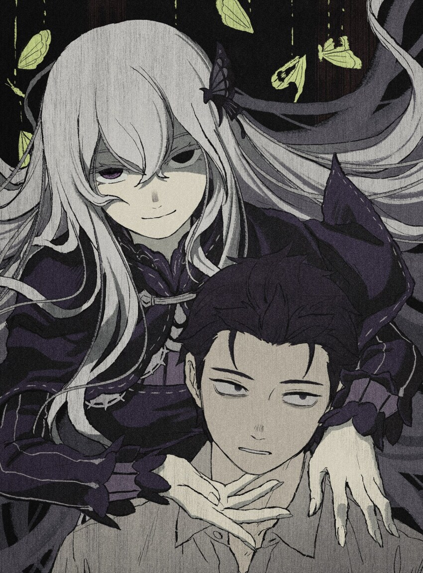 1boy 1girl black_eyes black_hair bug butterfly butterfly_hair_ornament buttons closed_mouth collared_shirt colored_eyelashes commentary_request duplicate echidna_(re:zero) eyelashes floating_hair grey_hair grey_shirt hair_between_eyes hair_ornament highres insect iwamushi long_hair long_sleeves looking_at_viewer natsuki_subaru parted_lips purple_eyes re:zero_kara_hajimeru_isekai_seikatsu re:zero_kara_kasaneru_isekai_seikatsu shirt short_hair smile white_eyelashes