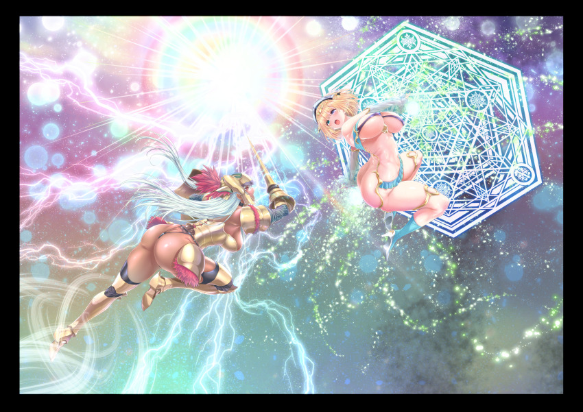 2girls absurdres arched_back armor armored_boots ass bare_shoulders battle black_border blonde_hair blue_eyes blush boots border breasts butt_crack covered_erect_nipples curvy dark-skinned_female dark_skin detached_sleeves electricity elf elf_(goddess_defeat_valnova) elf_ear eye_contact facing_another female_focus female_knight female_knight_(goddess_defeat_valnova) full_body fur-trimmed_armor fur_trim goddess_defeat:_reincarnation_valanowas headdress helm helmet high_heel_boots high_heels highres holding holding_lance holding_polearm holding_shield holding_weapon huge_ass huge_filesize lance large_breasts legband light_rays long_ears long_hair looking_at_another magic magic_circle multiple_girls official_art open_mouth pointy_ears polearm ran_(yamatoagu) red_eyes revealing_clothes see-through_clothes see-through_sleeves shield shiny_skin short_hair skindentation sweat sweatdrop teeth thick_thighs thighs twisted_torso upper_teeth_only weapon wedgie white_hair wide_hips