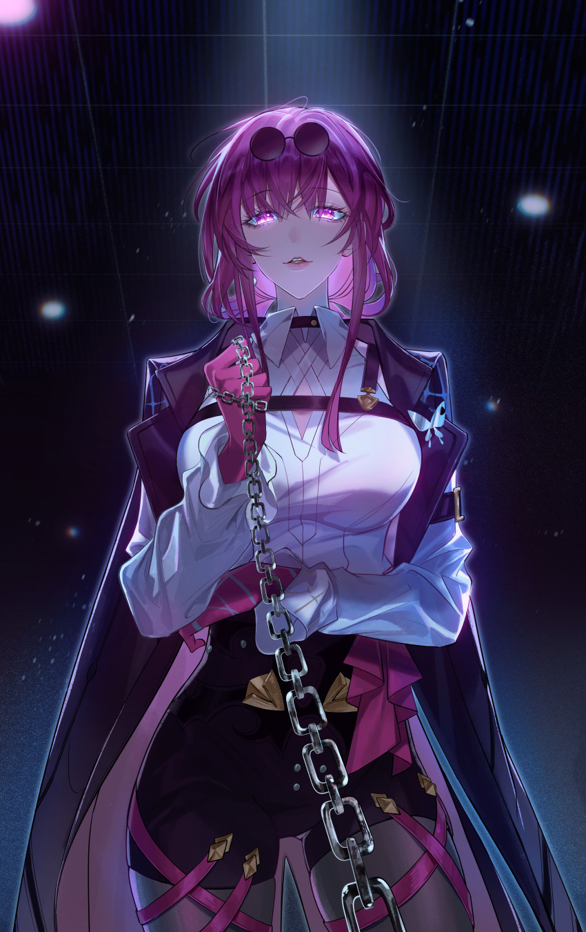 1girl absurdres black_jacket breasts chain chest_harness collared_shirt cowboy_shot eyewear_on_head glasses gloves harness high-waist_shorts highres holding holding_chain honkai:_star_rail honkai_(series) jacket kafka_(honkai:_star_rail) large_breasts long_hair looking_at_viewer open_clothes open_jacket pantyhose pantyhose_under_shorts parted_lips pince-nez purple_eyes purple_gloves purple_hair purple_pantyhose shenjudongmandabanban shirt shorts solo standing white_shirt