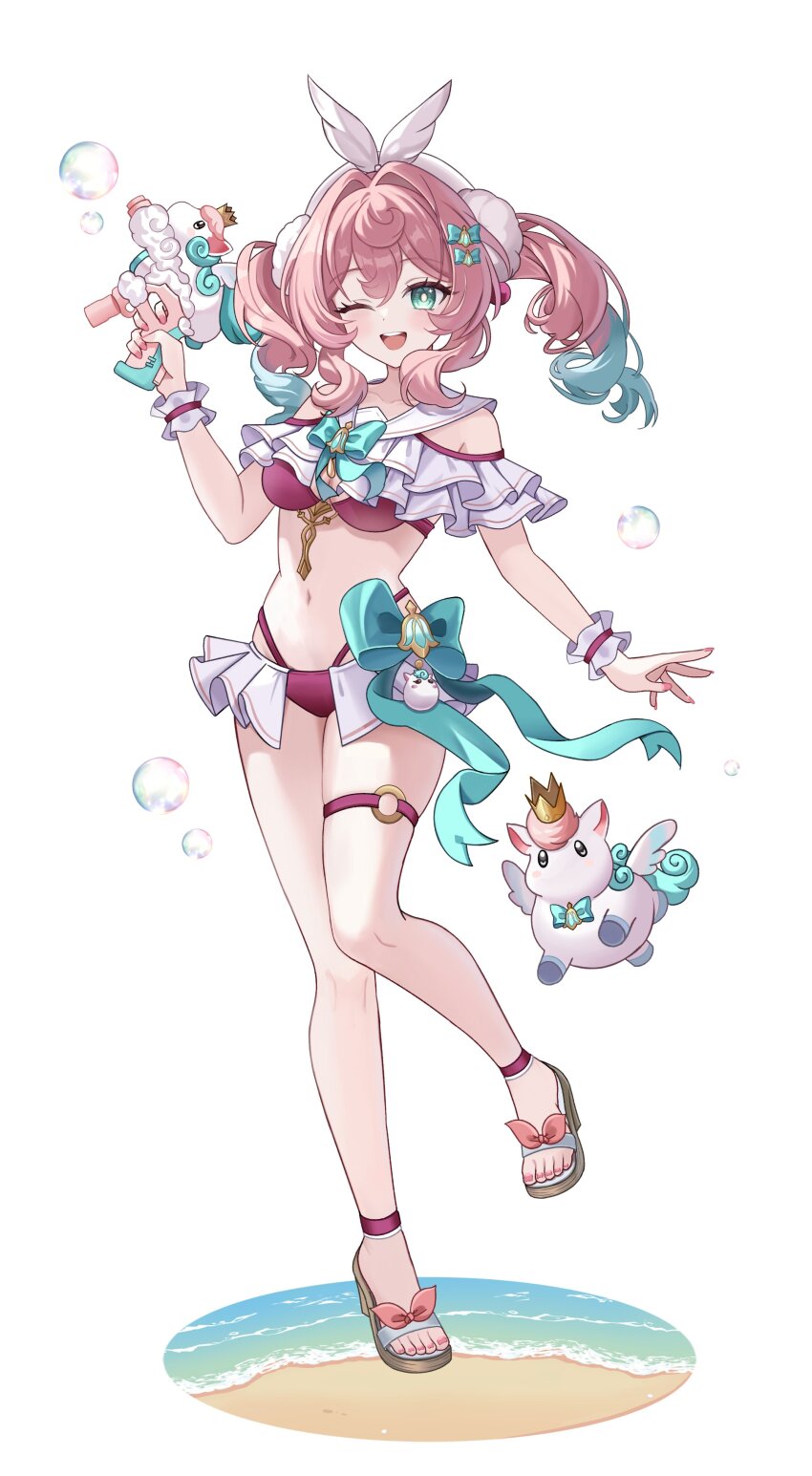 1girl ;) ;d absurdres alternate_costume aqua_eyes aqua_hair bikini blue_eyes blue_hair blush borii breasts bubble_gun chimera_(honkai:_star_rail) collarbone commentary_request drill_hair frilled_bikini frills full_body gradient_hair gun hair_between_eyes highres holding holding_gun holding_water_gun holding_weapon honkai:_star_rail honkai_(series) hyacine_(honkai:_star_rail) long_hair looking_at_viewer medium_hair multicolored_hair navel one_eye_closed open_mouth pink_hair purple_bikini sandals simple_background small_breasts smile solo star_(symbol) star_in_eye stomach swimsuit symbol_in_eye teeth thigh_strap toes twin_drills twintails two-tone_hair upper_teeth_only water_gun weapon white_background