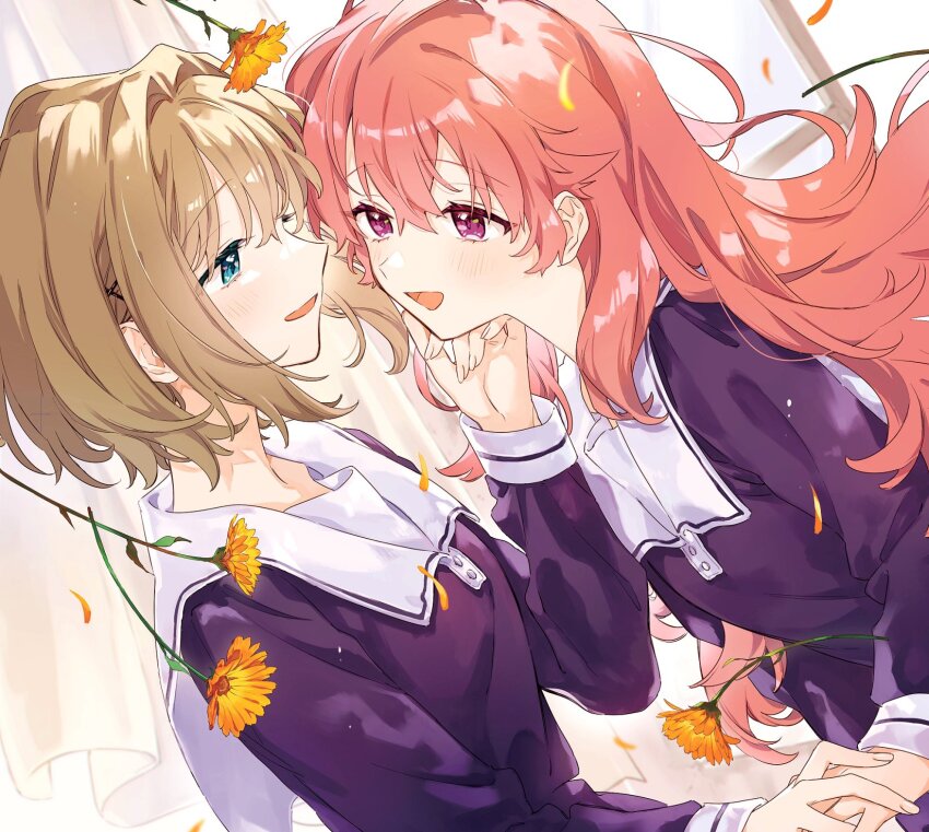 2girls aono_nachi aqua_eyes bob_cut brown_hair curtains double-parted_bangs dutch_angle eye_contact falling_flower falling_petals floating_hair flower hair_between_eyes hair_intakes hand_on_another&#039;s_face hand_up highres holding_hands indoors kagari_mimi kimi_ga_shinu_made_koi_wo_shitai light_blush long_bangs long_hair long_sleeves looking_at_another multiple_girls open_mouth orange_hair petals pink_eyes purple_shirt sailor_collar school_uniform serafuku shirt sidelocks smile standing totsuki_shiina triangle_mouth upper_body wavy_hair white_sailor_collar window wispy_bangs yellow_flower yuri