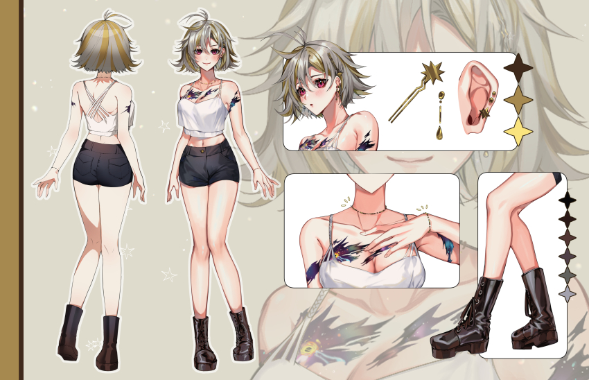 1girl absurdres ahoge black_boots black_shorts blonde_hair boots breasts camisole cleavage collarbone color_guide crop_top earrings grey_hair hair_ornament hand_on_own_chest highres indie_virtual_youtuber jewelry joey_ruvoa multiple_views navel pink_eyes second-party_source short_hair short_shorts shorts star_(symbol) star_earrings sunny_splosion virtual_youtuber white_camisole