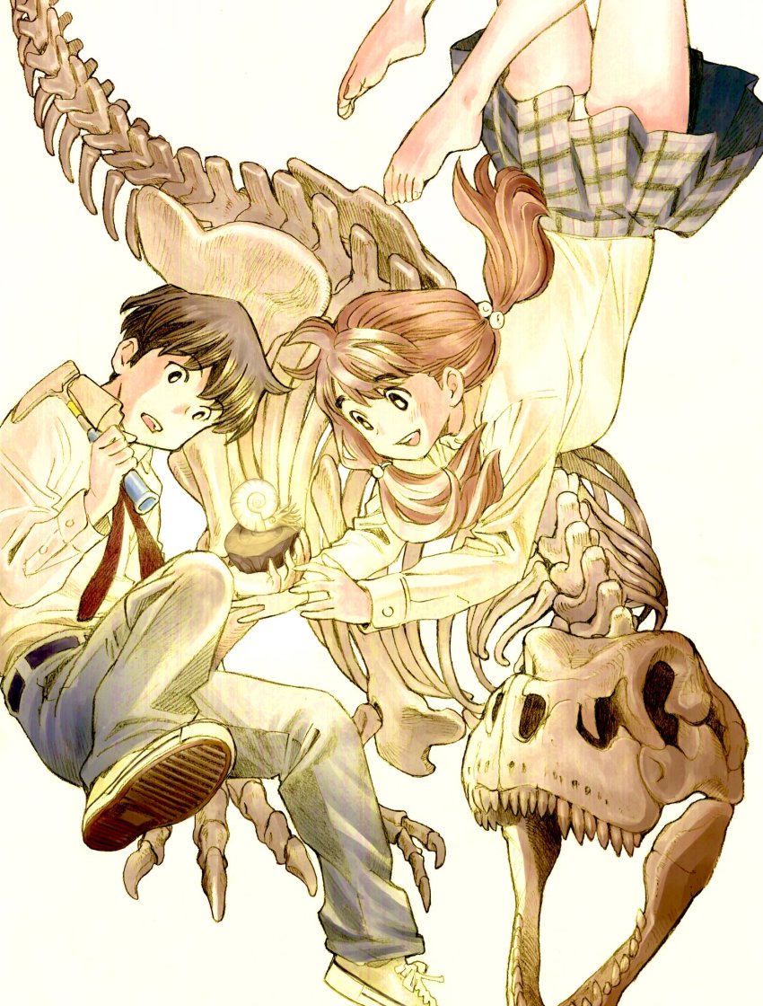 1boy 1girl ammonite barefoot belt dinosaur floating fossil hammer highres kikumoto_kaoru kimi_wa_sukinosaurus low_twintails miniskirt monochrome necktie official_art open_mouth pants plaid_clothes plaid_skirt pleated_skirt school_uniform sekiguchi_taro shiraishi_momiji shirt skeleton skirt smile twintails tyrannosaurus_rex
