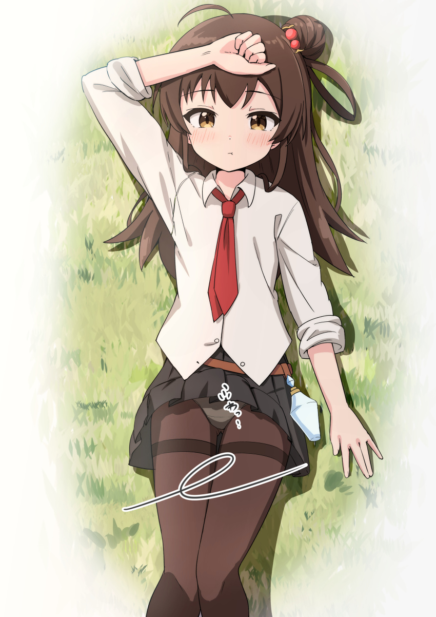 1girl :t absurdres arm_up aru_majo_ga_shinu_made black_skirt blush brown_eyes brown_hair brown_pantyhose closed_mouth clothes_lift collared_shirt commentary_request dress_shirt feet_out_of_frame gluteal_fold grass hair_bobbles hair_bun hair_ornament hair_rings highres long_sleeves looking_at_viewer lying meg_raspberry necktie on_back on_grass panties panties_under_pantyhose pantyhose pleated_skirt pout red_necktie shirt skirt skirt_lift solo takasuma_hiro thigh_gap thighband_pantyhose underwear white_panties white_shirt wind wind_lift