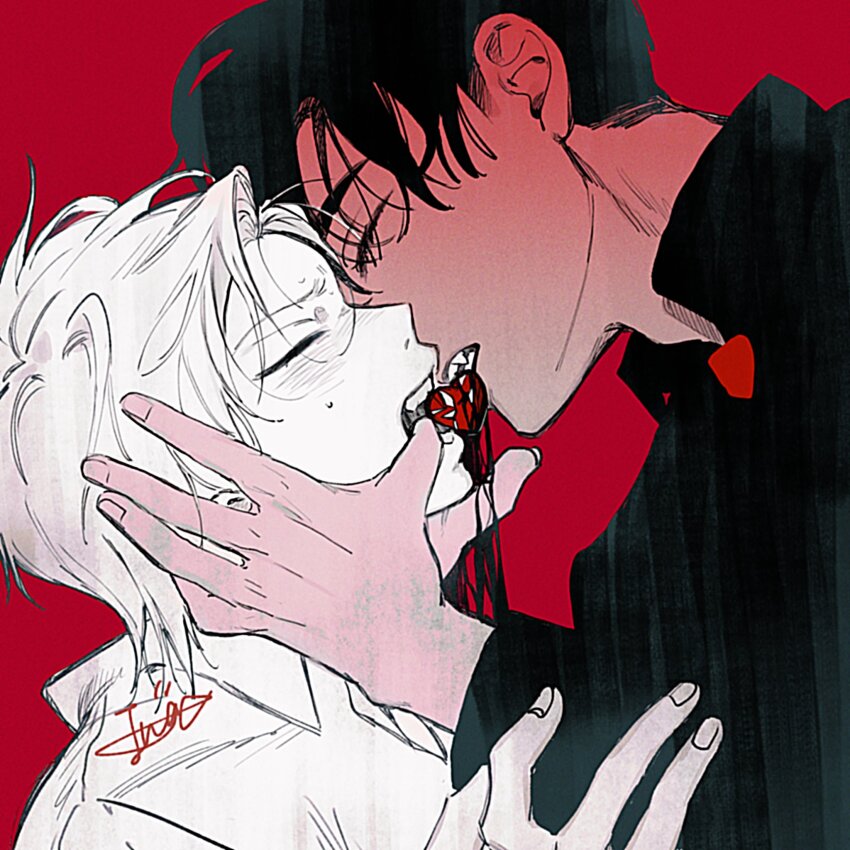 01tiyk 2boys alien_stage black_blood black_hair black_shirt blood blood_from_mouth closed_eyes collared_shirt commentary hand_on_another&#039;s_face heart highres ivan_(alien_stage) kiss male_focus multiple_boys partially_colored red_background shirt signature simple_background symbol-only_commentary till_(alien_stage) yaoi