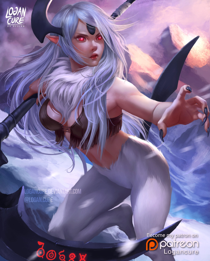 1girl absol absurdres arm_up artist_name bare_shoulders barefoot black_nails blue_gemstone blue_horns body_fur bottomless breasts brown_shirt character_name claws commission creatures_(company) crop_top deviantart_username female_focus forehead_jewel fur_collar game_freak gem gen_2_pokemon gen_3_pokemon glowing glowing_eyes grey_hair highres holding holding_scythe horns leg_up lips logan_cure long_hair medium_breasts mountain navel nintendo outdoors outstretched_arm parted_lips patreon_logo patreon_username personification pointy_ears pokemon pokemon_(creature) red_eyes scythe shirt sidelocks signature single_horn sleeveless sleeveless_shirt solo standing standing_on_one_leg stomach tail teeth twitter_username unown unown_a unown_b unown_l unown_o unown_s unownglyphics v-shaped_eyebrows watermark web_address white_fur