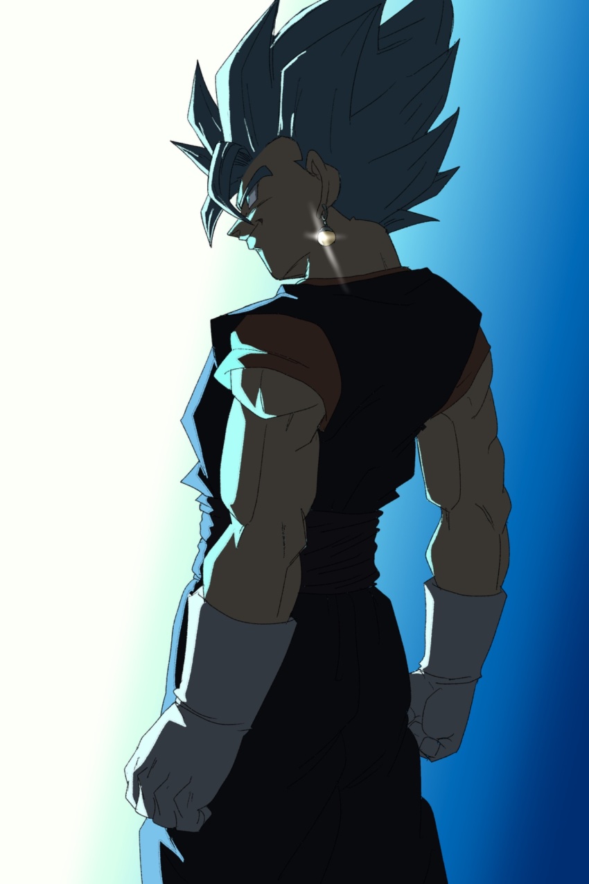 1boy blue_background blue_eyes blue_hair blue_pants blue_sash blue_shirt clenched_hands cowboy_shot dragon_ball dragon_ball_super earrings from_behind gloves gradient_background highres jewelry kazumax76 male_focus medium_hair muscular muscular_male orange_shirt pants potara_earrings sash shirt solo spiked_hair super_saiyan super_saiyan_blue vegetto white_background white_gloves