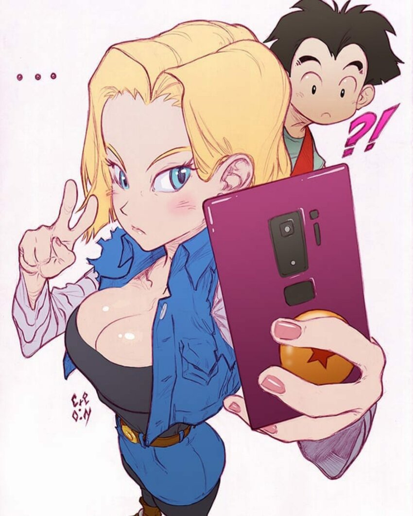 ... 1boy 1girl android_18 black_eyes black_hair blonde_hair blue_eyes blush breasts cellphone cleavage couple dragon_ball highres husband_and_wife kuririn peace_symbol phone pink_nails selfie surprised