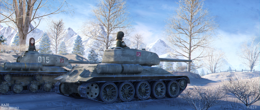 2girls artist_request black_hair blonde_hair blue_eyes breasts caterpillar_tracks day emblem forest fuyu_no_kaze girls_und_panzer helmet highres is-2 katyusha_(girls_und_panzer) long_hair military military_vehicle motor_vehicle mountain multiple_girls nature nonna_(girls_und_panzer) open_mouth pravda_(emblem) pravda_military_uniform scenery short_hair snow t-34 t-34-85 tank tank_helmet tree