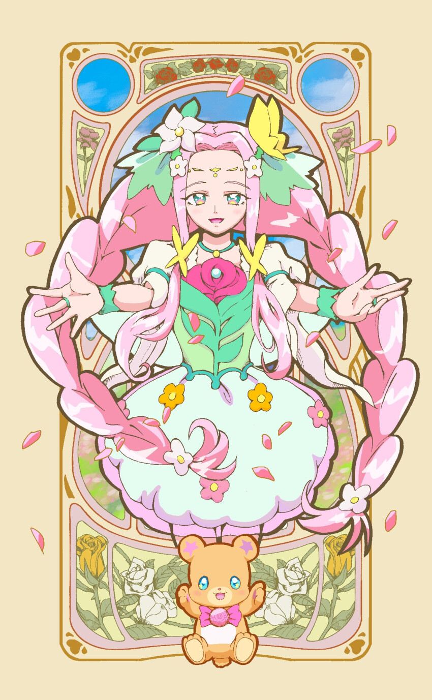 1girl aqua_eyes blue_eyes blush bow bowtie braid brooch cure_felice dress fairy flower flower-shaped_pupils hair_flower hair_ornament hanami_kotoha highres jewelry kagekaku long_hair magical_girl mahou_girls_precure! mahou_girls_precure!!_mirai_days mofurun_(mahou_girls_precure!) multicolored_dress necklace open_mouth pink_bow pink_bowtie pink_hair precure ring short_sleeves smile solo star-shaped_pupils star_(symbol) stuffed_animal stuffed_toy symbol-shaped_pupils teddy_bear twin_braids wrist_cuffs