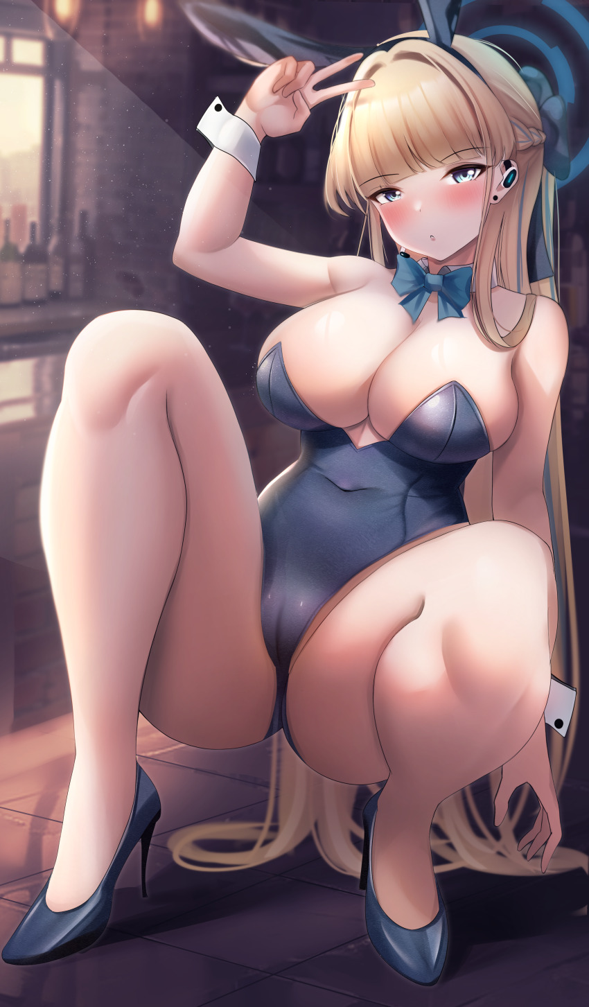 1girl absurdres animal_ear_hairband animal_ears black_leotard black_shoes blonde_hair blue_archive blue_bow blue_bowtie blue_eyes blue_hair blush bow bowtie braid breasts cameltoe collar covered_navel detached_collar fake_animal_ears hair_intakes hairband halo high_heels highres large_breasts leotard long_hair multicolored_hair mychadum playboy_bunny rabbit_ear_hairband rabbit_ears shadow shoes solo strapless strapless_leotard streaked_hair toki_(blue_archive) toki_(bunny)_(blue_archive) white_collar white_wrist_cuffs wrist_cuffs