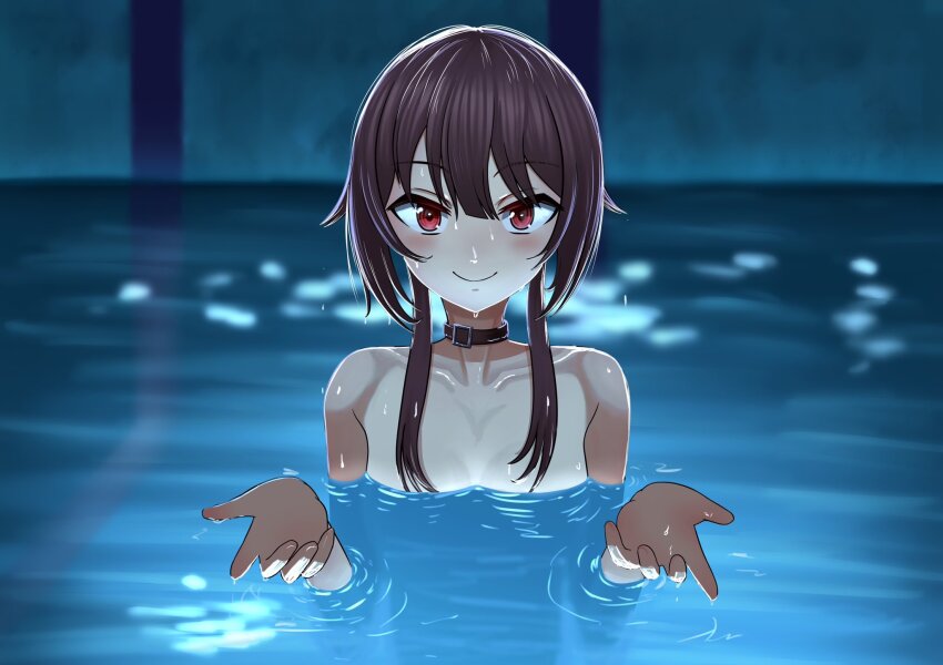 1girl black_choker breasts brown_hair chainsaw_man choker closed_mouth collarbone hands_up highres kawaseri1 kono_subarashii_sekai_ni_shukufuku_wo! megumin nude paid_reward_available partially_submerged pool red_eyes scene_reference short_hair_with_long_locks small_breasts smile solo straight-on upper_body water water_drop wet