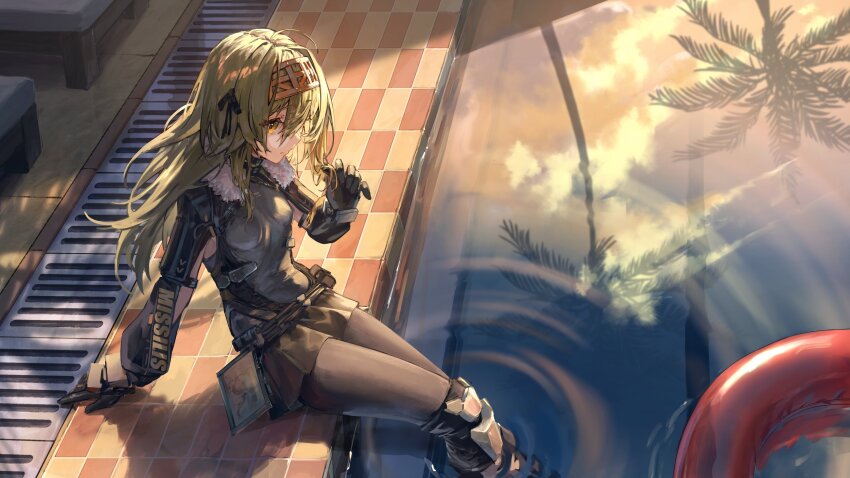 1girl absurdres armored_gloves belt_pouch black_bodysuit black_boots black_ribbon black_skirt bodysuit boots breasts brown_pantyhose fur_collar goddess_of_victory:_nikke green_hair hair_ribbon hairband highres innertube kilo_(nikke) long_hair long_sleeves looking_at_viewer pantyhose pool pouch ribbon sitting skin_tight skirt small_breasts soaking_feet solo sunset swim_ring water yellow_eyes yu_hydra