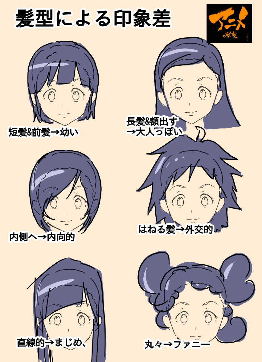 1girl absurdres anime_private_school blunt_bangs blush closed_mouth expressionless guide highres how_to looking_at_viewer multiple_views original simple_background smile thick_eyebrows