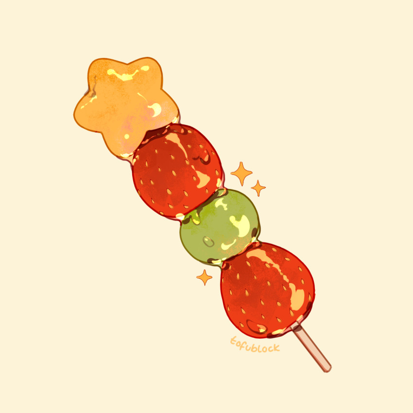 artist_name candy commentary dessert english_commentary food food_focus fruit highres jauni_(tofublock) no_humans original signature simple_background skewer sparkle star_(symbol) strawberry sweets tanghulu yellow_background
