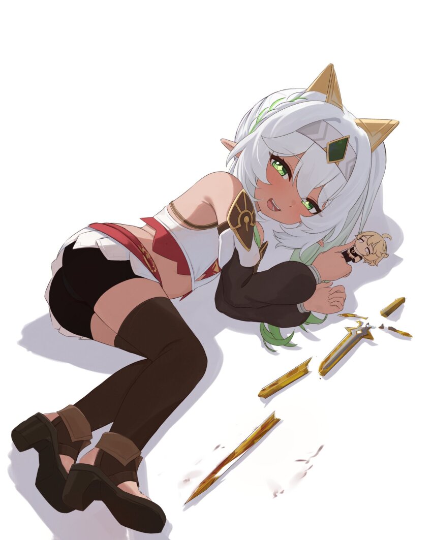 1boy 1girl aether_(genshin_impact) alternate_costume alternate_skin_color ass bare_shoulders blonde_hair blush broken broken_screen broken_weapon cameo character_doll dark_skin detached_sleeves doll genshin_impact gradient_hair green_eyes green_hair hair_ornament half_updo highres long_hair lying miniskirt mockingeu multicolored_hair nahida_(genshin_impact) open_mouth pointy_ears sandals short_shorts shorts side_ponytail skirt smile solo sword thighhighs very_long_hair weapon white_hair
