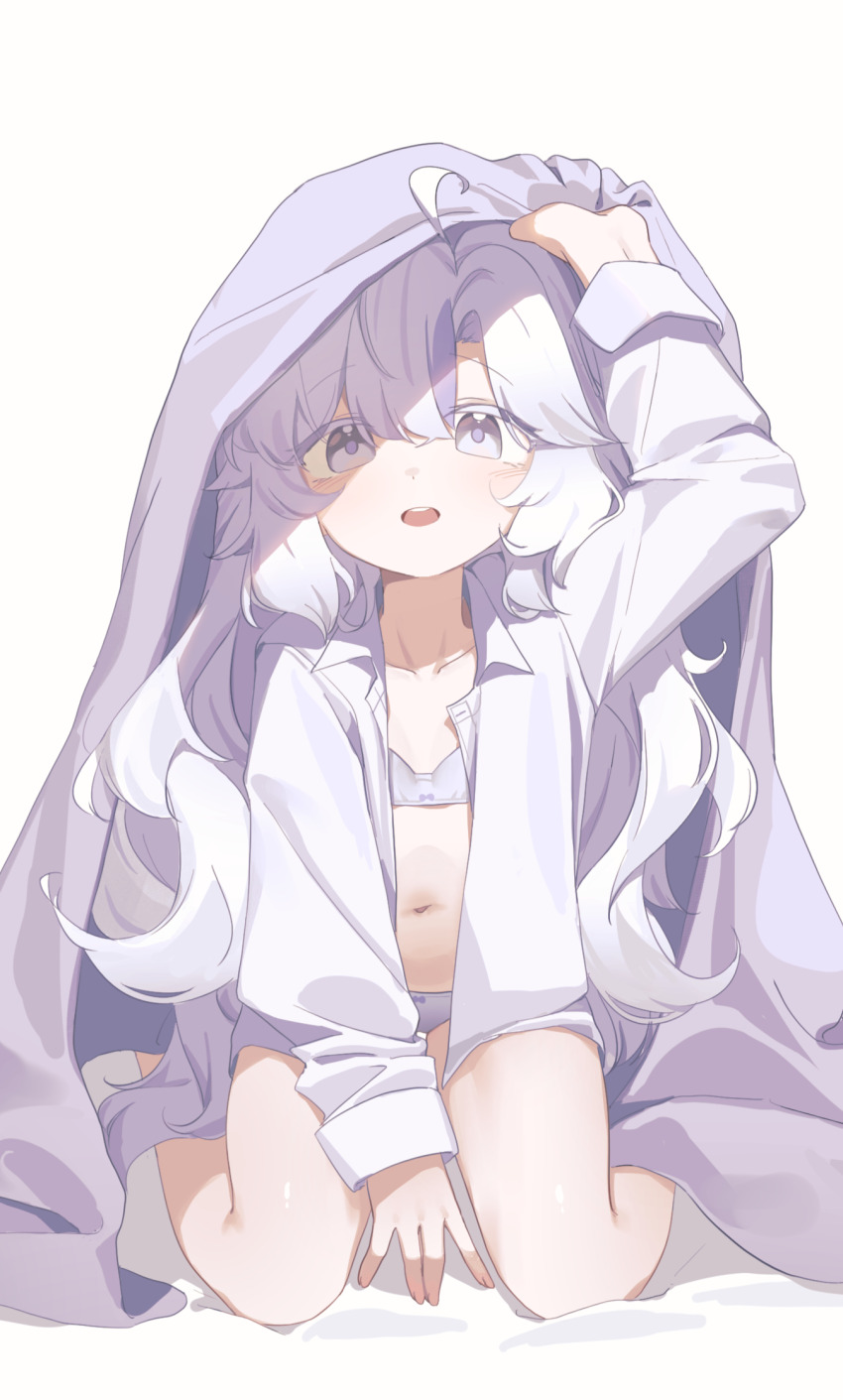 1girl between_legs blanket bow bow_bra bow_panties bra collared_shirt commentary_request flat_chest grey_eyes grey_hair hand_between_legs highres korean_commentary lifting_covers loli long_hair messy_hair mixed-language_commentary navel on_bed open_clothes open_mouth open_shirt original panties polyvora shirt simple_background sitting smile solo stomach tareme teeth thigh_gap under_covers underwear upper_teeth_only very_long_hair wariza white_background white_blanket white_bra white_panties white_shirt