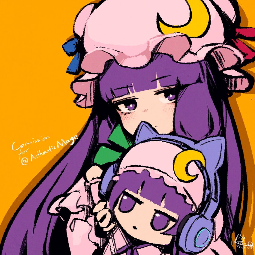 1girl absurdres animal_ear_headphones animal_ears bright_pupils cat_ear_headphones character_doll commission commissioner_name crescent crescent_hat_ornament dated doll dress fake_animal_ears fumo_(doll) hat hat_ornament headphones highres holding holding_doll long_hair mob_cap patchouli_knowledge purple_dress purple_eyes purple_hair rnna shadow signature simple_background solo touhou upper_body waving white_pupils yellow_background