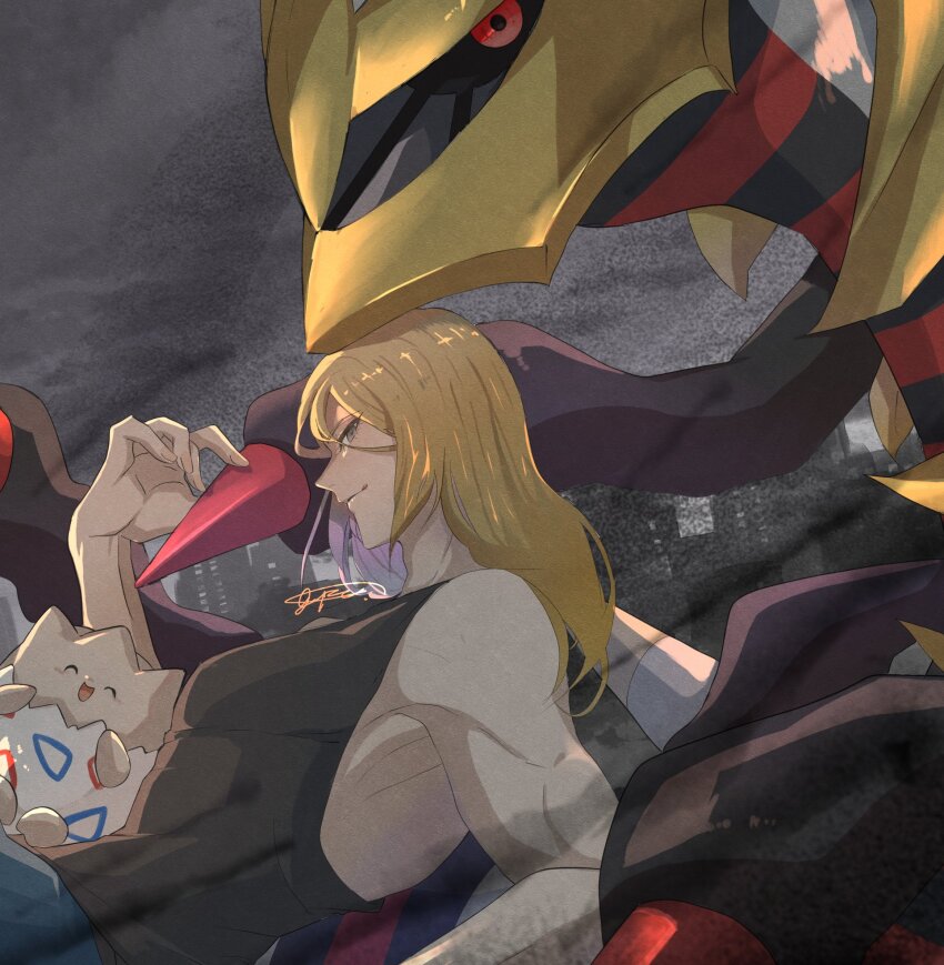 1boy :d :q ^_^ blonde_hair closed_eyes closed_mouth gen_2_pokemon gen_4_pokemon giratina giratina_(origin) gopan_(pkghnman) grey_eyes highres legendary_pokemon long_hair looking_at_viewer lying male_focus mature_male multiple_wings muscular muscular_male nintendo on_back open_mouth pokemon pokemon_legends:_arceus smile togepi tongue tongue_out volo_(pokemon) wings