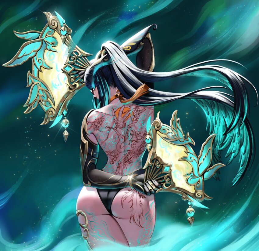 1girl aqua_hair ass back_tattoo bare_back black_hair cloud_retainer_(genshin_impact) colored_inner_hair commentary cowboy_shot folding_fan genshin_impact hand_fan highres holding holding_fan lunart multicolored_hair revision solo standing streaked_hair tattoo thighs xianyun_(genshin_impact)