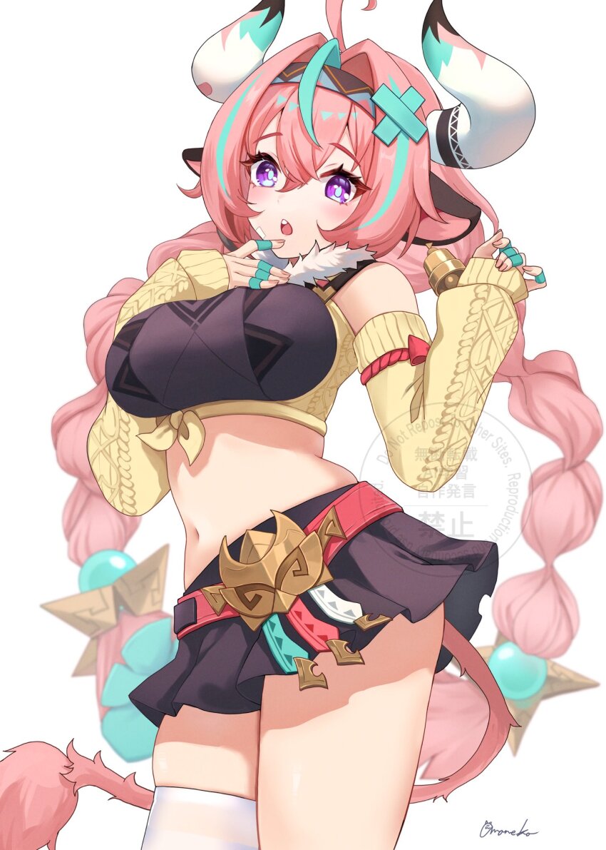 1girl ahoge amaneko_(amaneko_y) animal_ears aqua_hair bell belt black_skirt braid breasts bright_pupils cow_ears cow_horns cow_tail cowbell cowboy_shot detached_sleeves fur_trim genshin_impact hair_between_eyes hairband hashtag-only_commentary highres horns large_breasts long_hair long_sleeves looking_at_viewer midriff multicolored_hair navel open_mouth pink_hair purple_eyes signature simple_background single_thighhigh skindentation skirt solo streaked_hair tail teeth thighhighs twin_braids upper_teeth_only varesa_(genshin_impact) white_background yellow_sleeves