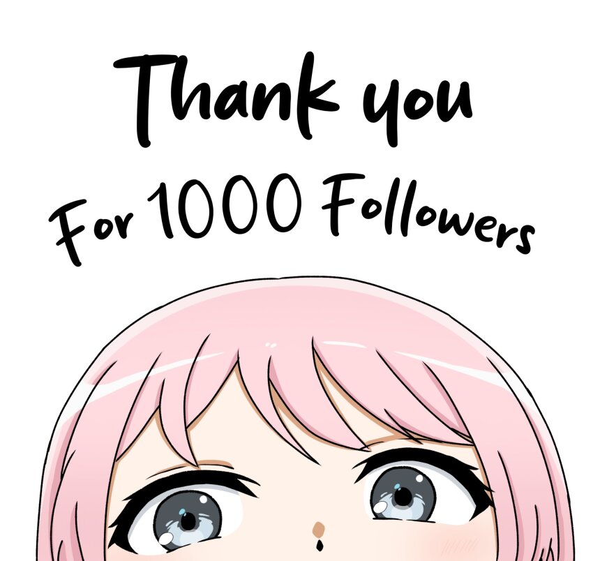 1girl a_whydc bang_dream! bang_dream!_it&#039;s_mygo!!!!! chihaya_anon commentary grey_eyes highres indonesian_commentary milestone_celebration peeking pink_hair simple_background solo thank_you white_background