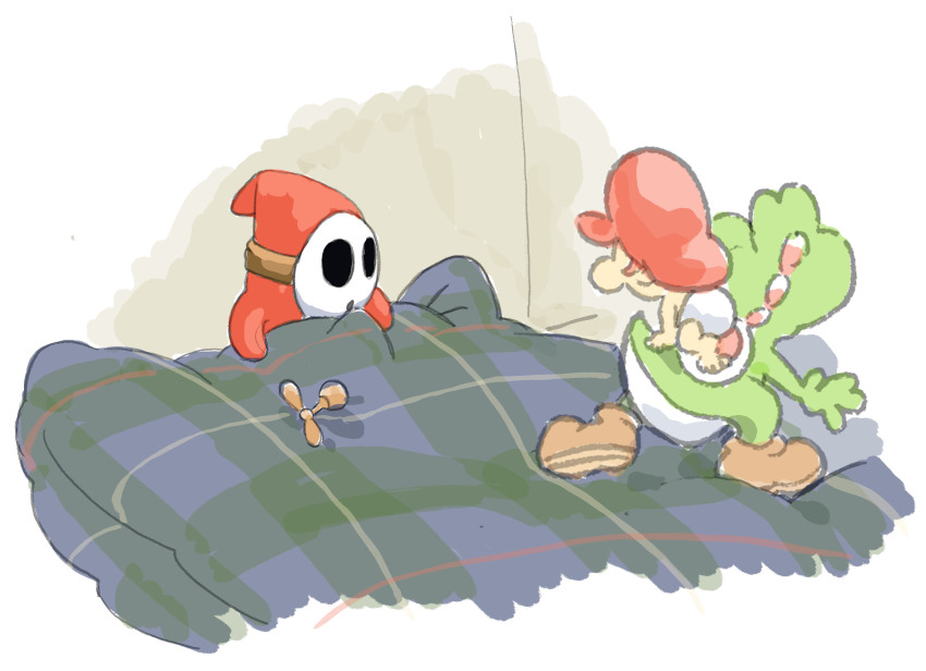 1boy baby baby_mario blanket brown_footwear colored_skin commentary_request diaper green_skin hat highres lying mario mario_(series) mask mzno32 nintendo on_back plaid_blanket propeller red_hat red_robe robe shy_guy super_mario_world_2:_yoshi&#039;s_island under_covers white_background yoshi