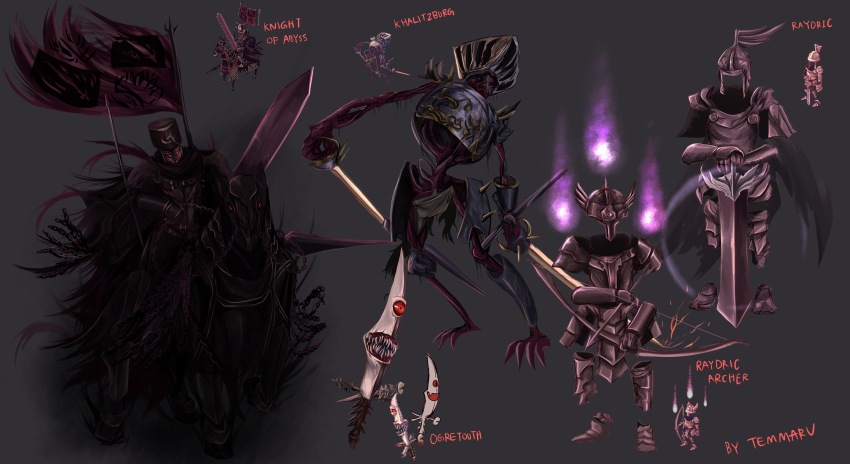1boy 1girl absurdres abysmal_knight armor aura black_armor black_cape bow_(weapon) breastplate cape chain commentary dark_aura english_commentary fire flag full_body highres hitodama holding holding_bow_(weapon) holding_polearm holding_sword holding_weapon horse horseback_riding khalitzburg_(ragnarok_online) knight lance living_armor living_weapon monster ogretooth open_mouth polearm purple_fire ragnarok_online raydric raydric_archer reference_inset riding skeleton sword teeth temmaru undead weapon
