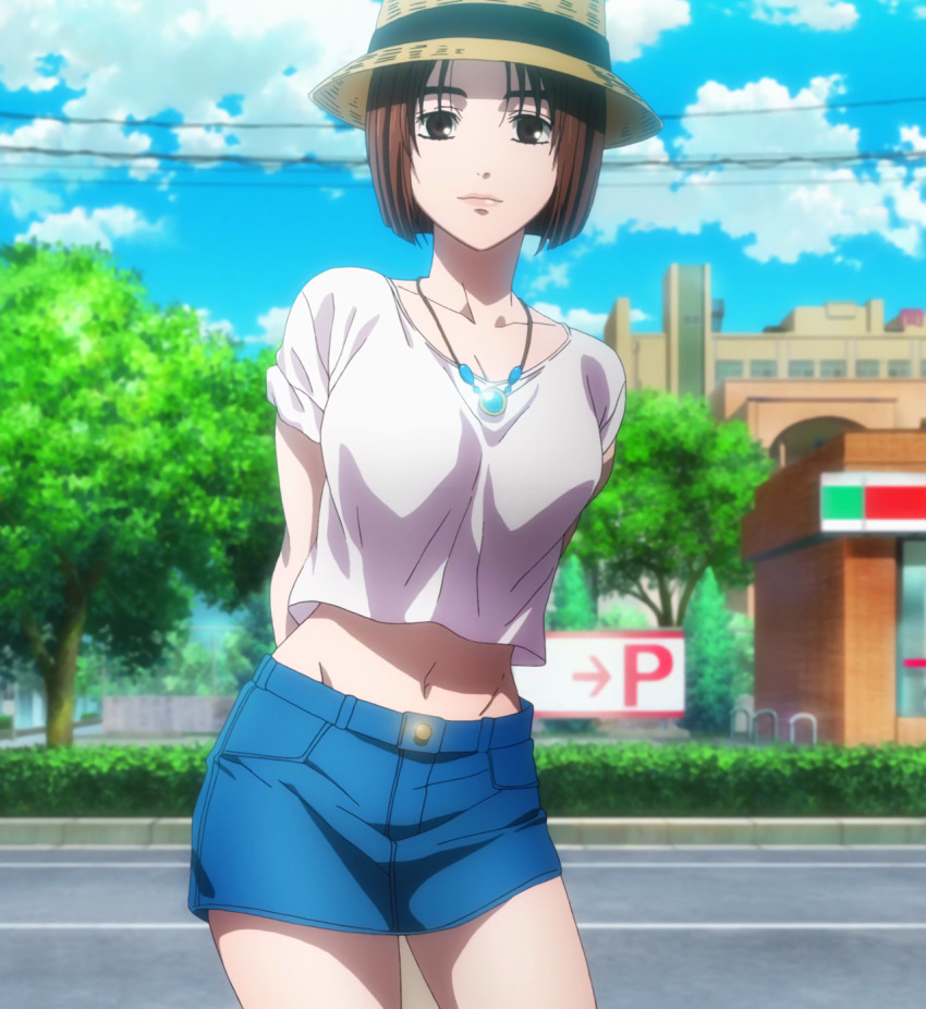 1girl anime_screenshot arms_behind_back belly blue_skirt bob_cut breasts brown_eyes brown_hair cleavage cloud cloudy_sky crop_top female_focus hat highres initial_d jewelry lips looking_at_viewer medium_breasts mogi_natsuki navel necklace pink_shirt shin_gekijouban_initial_d shirt skirt sky stitched tagme third-party_edit tree
