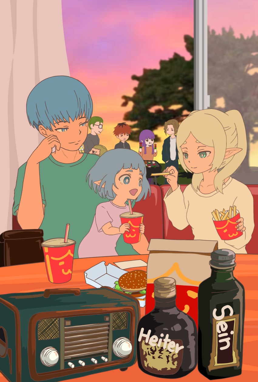 absurdres aqua_eyes bag blonde_hair blue_eyes blue_hair bottle breasts brown_hair burger child cmad commentary_request contemporary cooking couch cup curtains disposable_cup eating eisen_(sousou_no_frieren) elbow_rest family father_and_daughter feeding fern_(sousou_no_frieren) food french_fries frieren glasses green_hair green_shirt grill grilling hair_slicked_back heiter highres himmel_(sousou_no_frieren) holding holding_cup holding_food husband_and_wife if_they_mated mother_and_daughter multicolored_hair opaque_glasses paper_bag parody pink_shirt pointy_ears purple_hair radio red_hair roots_(hair) sein_(sousou_no_frieren) shirt shish_kebab small_breasts sousou_no_frieren stark_(sousou_no_frieren) tree twintails two-tone_hair white_shirt window yoru_mac